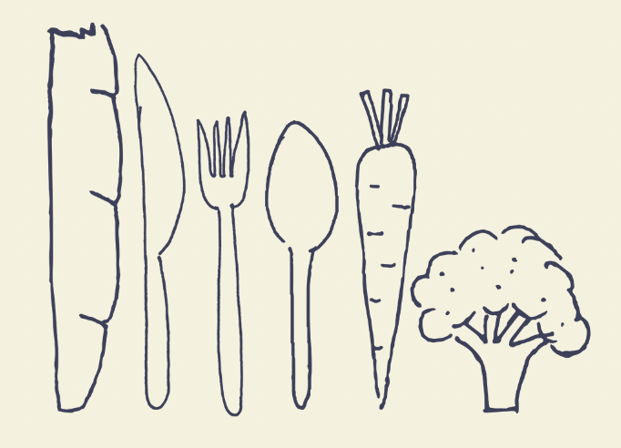 Hand drawn image of a breadstick, knife, fork, spoon, carrot, and broccoli